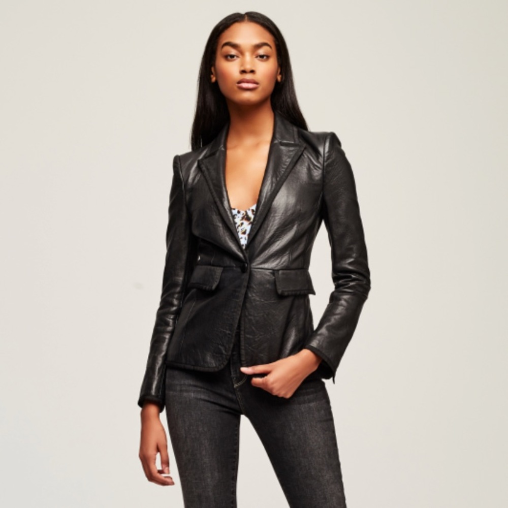 L'AGENCE Paulie Leather Tuxedo Blazer Jacket in Black Size 0